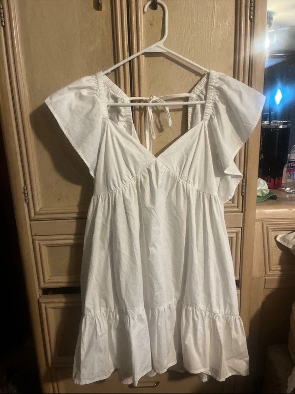 White V-Neck Flutter Sleeve Mini Dress